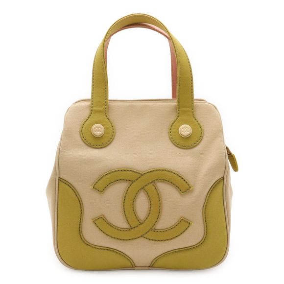 Chanel Marshmallow Coco Mark Tote Handbag Canvas Beige Green Pink Gold Hardware - Picture 1 of 9